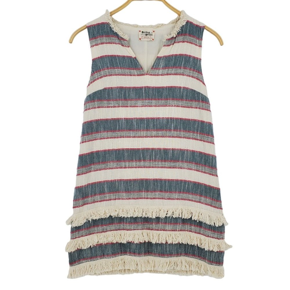HOLDING HORSES Striped Fringe Mini Dress in Cream, Blue & Red